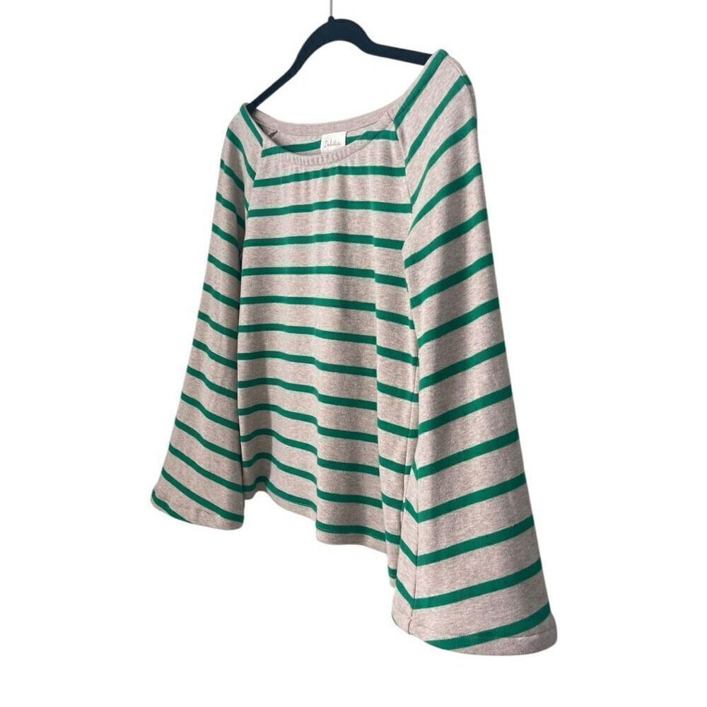 Anthropologie Deletta Striped Top Size Medium Bell Sleeve Oatmeal and Green - Picture 2 of 6